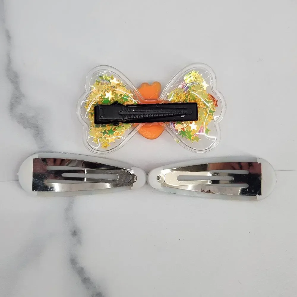 3 pc Carrot Theme Hair Accessories Glittery Bow with Carrot Charm & Snap Clips